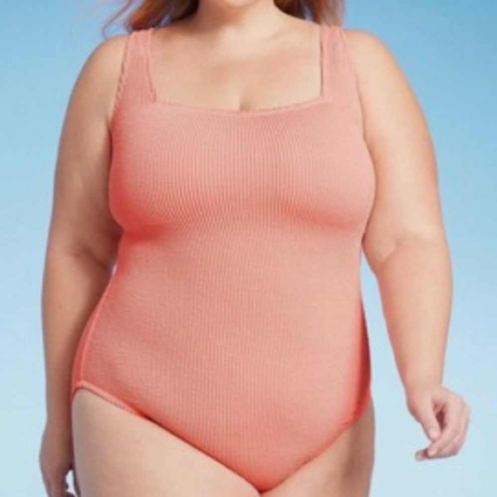 Kona Sol Orange Pucker Textured Square Neck Womens One Piece Swimsuit L NEW